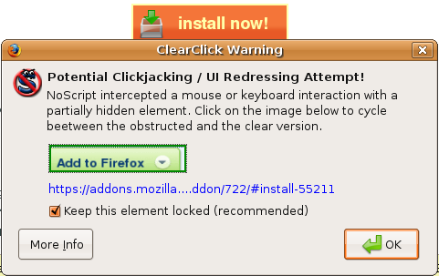 ClearClick Warning on NoScript's install button